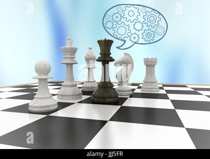 3D Schach Stücke gegen blauen abstrakten Hintergrund und blaue Sprechblase mit Zähnen Stockfoto