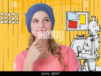 Tausendjährige Frau denken gegen 3D gelb hand gezeichnete Büro Stockfoto