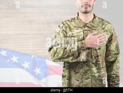 Teil eines Soldaten legte seine Hand auf Herz gegen 3D-Hintergrund Unabhängigkeitstag Stockfoto