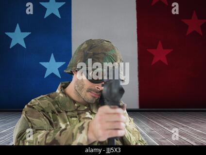 Soldat mit dem Ziel des Objektivs vor französische Flagge Stockfoto