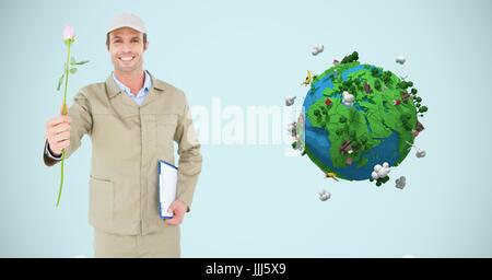 Lieferung Mann, stieg um low-Poly-Erde Stockfoto
