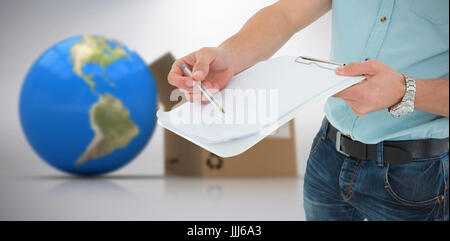 Zusammengesetztes 3D-Bild der Lieferbote mit Zwischenablage Fragen zur Unterzeichnung Stockfoto