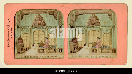 Robert le Diable, Oper von Giacomo Meyerbeer (1831). Akt IV, Szene 2. Robert und Isabelle allein. GM: Deutsche Komponist, 5. September 1791 - 2. Mai 1864. Stereoskopische Karte (farbig), Foto von Hand gemalt Tonmodelle, 1860 s - Serie Les Theater de Paris - 12 Szenen Vues au Stereoskop Stockfoto