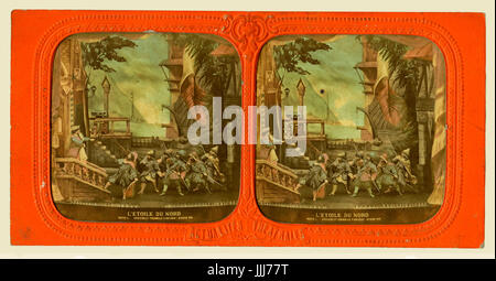 L ' Étoile du Nord (The Northern Star), Oper von Giacomo Meyerbeer (1854). Erster akt, Szene 8 - Gritzenko. GM:German Komponist, 5. September 1791 - 2. Mai 1864. Stereoskopische Karte (farbig), Foto von Hand gemalt Tonmodelle, 1860 s - Serie Les Theater de Paris - 12 Szenen Vues au Stereoskop. Stockfoto