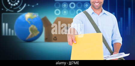 Zusammengesetztes 3D-Bild der Lieferbote mit Zwischenablage Fragen zur Unterzeichnung Stockfoto