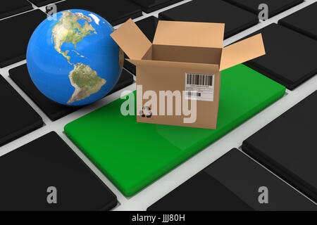 Zusammengesetztes Bild 3d Bild des Globus mit Karton öffnen Stockfoto