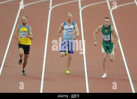 Stratford, UK. 20. Juli 2017. Vladyslav Zahrebelnyi (UKR), Rhys Jones (GBR) und Charl du Toit (RSA), 100m T37 Herrenfinale. Para Leichtathletik-Weltmeisterschaften. London-Olympia-Stadion. Queen Elizabeth Olympic Park. Stratford. London. VEREINIGTES KÖNIGREICH. 20.07.2017. Bildnachweis: Sport In Bilder/Alamy Live-Nachrichten Stockfoto