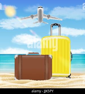 Koffer und Reise Tasche auf Meer Strand Hintergrund Stock Vektor