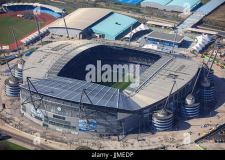 Eine Luftaufnahme des City of Manchester Stadium, Heimat des Manchester City FC Stockfoto