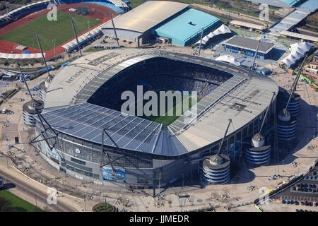 Eine Luftaufnahme des City of Manchester Stadium, Heimat des Manchester City FC Stockfoto