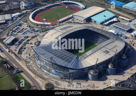 Eine Luftaufnahme des City of Manchester Stadium, Heimat des Manchester City FC Stockfoto