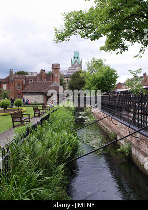 Strom fließt durch Klostergarten, Winchester, Hampshire, England UK Stockfoto