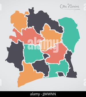 Côte d ' Ivoire Karte mit Staaten und moderne Runde Formen Stock Vektor