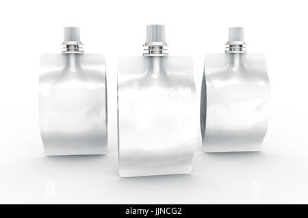 Folienbeutel für Getränk, leere Folie Beutel Mockup für Getränke Design in 3D-Rendering, stehende Tasche versiegelt Stockfoto