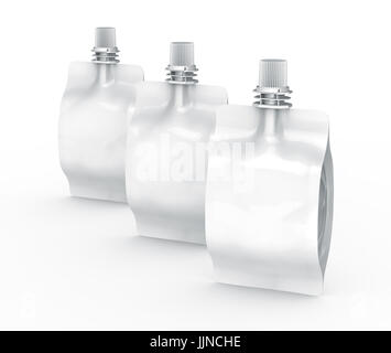 Folienbeutel für Getränk, leere Folie Beutel Mockup für Getränke Design in 3D-Rendering, stehende Tasche versiegelt Stockfoto