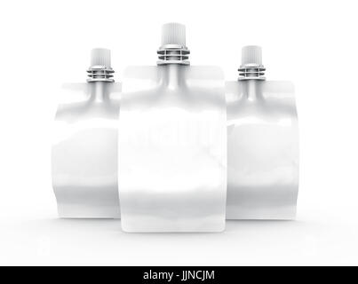Folienbeutel für Getränk, leere Folie Beutel Mockup für Getränke Design in 3D-Rendering, stehende Tasche versiegelt Stockfoto