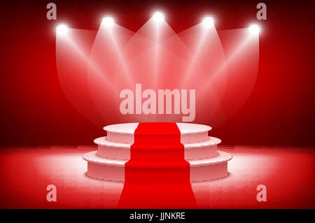 3D theatralischen background.scene und rote Vorhänge. roten Podium auf einem Hintergrund von roten Tuch Vorhänge. Vektorgrafiken Stock Vektor