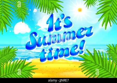 Schöne Landschaft mit Text Sommerzeit. Sommerzeit-Schriftzug. Hellen, bunten Hintergrund. Sommer-Urlaub. Sommer-Illustration mit Text. Kunst-ve Stock Vektor