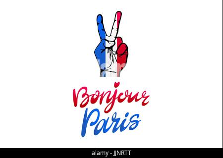 Bonjour Paris Karte. Hallo Paris Satz auf Französisch. Tinte-Abbildung. Moderne Bürste Kalligraphie. Isoliert auf weißem Hintergrund. Handgezeichnete Schriftzug desig Stock Vektor