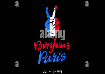 Bonjour Paris Karte. Hallo Paris Satz auf Französisch. Tinte-Abbildung. Moderne Bürste Kalligraphie. Isoliert auf weißem Hintergrund. Handgezeichnete Schriftzug desig Stock Vektor