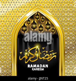 Eid Mubarak Kalligraphie und arabische geometrische Muster Halbmond und Glow Gold star - Übersetzung des Textes: Eid Mubarak - gesegnet Festival Kunst Stock Vektor