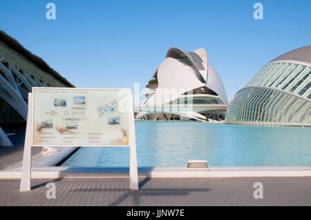 Karte und Teich. Stadt der Künste und Wissenschaften, Valencia, Spanien. Stockfoto