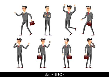 Geschäftsmann in einem grauen Anzug. Sammlung von Business-Menschen-Illustrationen in verschiedenen Posen Vektor-Kunst Stock Vektor