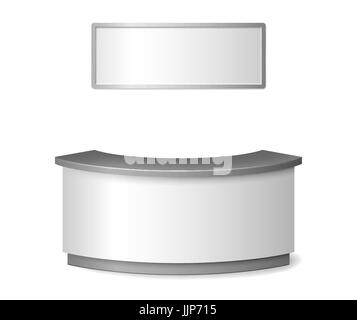 Leere weiße Rezeption Mock-up. Runde Informationen Schreibtisch oder Ausstellung Zähler Illustration isoliert auf weißem Hintergrund. 3D Aufnahme-Vektor-Illustration. Stock Vektor