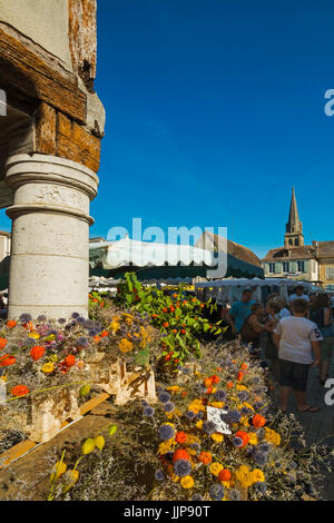 Blume stall in Place Gambetta auf beliebten Markt Tag dieses South West historische Bastide. Eymet; Bergerac, Dordogne, Frankreich Stockfoto