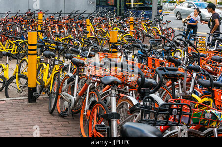 Die gemeinsame Nutzung von Fahrrad bike Park, wo die Fahrräder von mehreren Unternehmen abgestellt sind, in Shenzhen, Guangdong, China Stockfoto