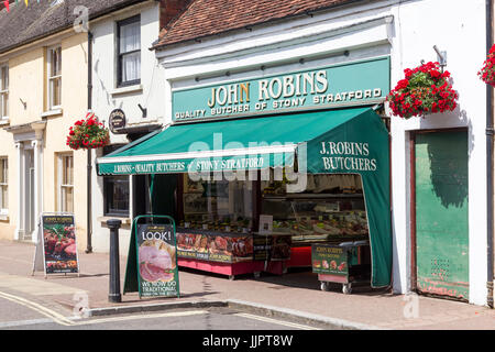 John Robins Qualität Metzger Ladenfront auf der High Street, Stony Stratford, Buckinghamshire, Großbritannien Stockfoto