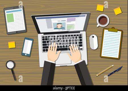 Designer Arbeitsplatz Wohnung mit Draufsicht Frau am Tisch und Gadgets Vektor-Illustrationskunst-design Stock Vektor