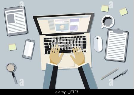 Hände, Text auf der Laptop-Tastatur zu tippen und Nutzung sozialer Netzwerke für die Kommunikation. Draufsicht der Menschen arbeiten mit Computern bei der Arbeit Schreibtisch Kunst ve Stock Vektor