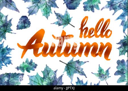 Kühle frische blau Hallo Herbst Design mit eleganten weißen Text und Trauben von orange Herbstlaub in einem abgestuften blauen Hintergrund mit Leuchteffekt, vecto Stock Vektor