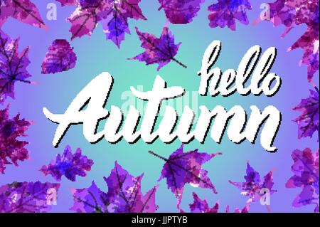 Kühle frische blau Hallo Herbst Design mit eleganten weißen Text und Trauben von orange Herbstlaub in einem abgestuften blauen Hintergrund mit Leuchteffekt, vecto Stock Vektor