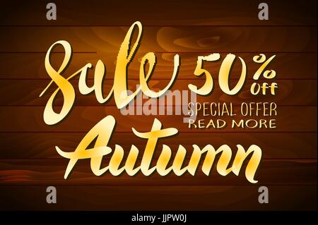 Herbst Sale Vektor hölzernen Hintergrund mit bunten Blätter Kunst Stock Vektor