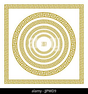 Vektor setzen traditionelle Vintage goldene quadratische und Runde griechischen Ornament Mäander Zierrahmen gold Griechenland Stock Vektor