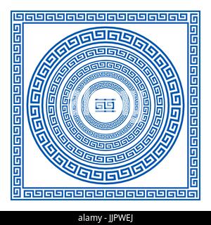 Satz von Vektor-Pinsel, um griechische Mäander Muster und Proben ihrer Anwendung für Runde und eckige Rahmen zu schaffen. Griechischen Grenzen. Blauer Farbe zu isolieren Stock Vektor