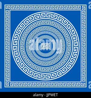 Satz von Vektor-Pinsel, um griechische Mäander Muster und Proben ihrer Anwendung für Runde und eckige Rahmen zu schaffen. Griechischen Grenzen. Blauer Farbe zu isolieren Stock Vektor