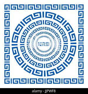 Eingestellt von Pinseln, die griechische Mäander-Muster zu erstellen. Griechische traditionelle Grenzen. Deko-Elemente in blauer Farbe auf weißem Hintergrund isoliert. Könnte Stock Vektor