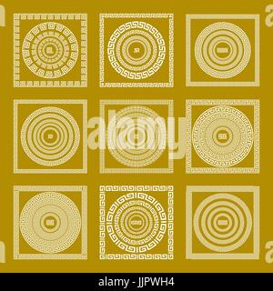 Vektor setzen traditionelle Vintage goldene quadratische und Runde griechischen Ornament Mäander Zierrahmen gold Griechenland Stock Vektor