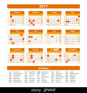 Wandplaner-Kalender für das Jahr 2017. Vector Design drucken Vorlage mit Platz für Fotos und Notizen. Woche beginnt Sonntag. Orange Kunst Stock Vektor