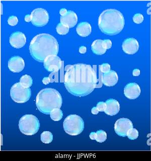 Luftblasen im Wasser auf blauem Hintergrund horizontale Musterdesign. Kreis und Flüssigkeit, leichtes Design, klare seifigen glänzend, Vektor Illustrationskunst Stock Vektor