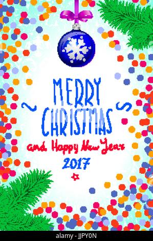 Farbe handschriftliche kalligraphische Inschrift Frohe Weihnachten in farbenfrohe Konfetti eingeschrieben. Gestaltungselement für Karte, Einladung, Aufkleber, Banner, postca Stock Vektor