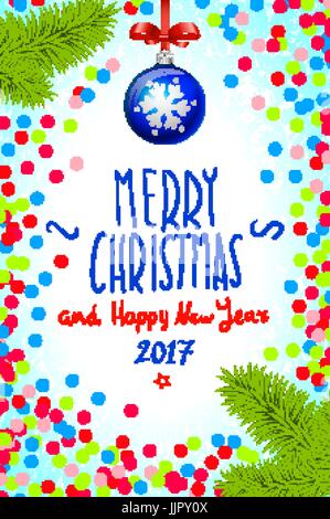 Farbe handschriftliche kalligraphische Inschrift Frohe Weihnachten in farbenfrohe Konfetti eingeschrieben. Gestaltungselement für Karte, Einladung, Aufkleber, Banner, postca Stock Vektor