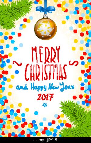 Farbe handschriftliche kalligraphische Inschrift Frohe Weihnachten in farbenfrohe Konfetti eingeschrieben. Gestaltungselement für Karte, Einladung, Aufkleber, Banner, postca Stock Vektor