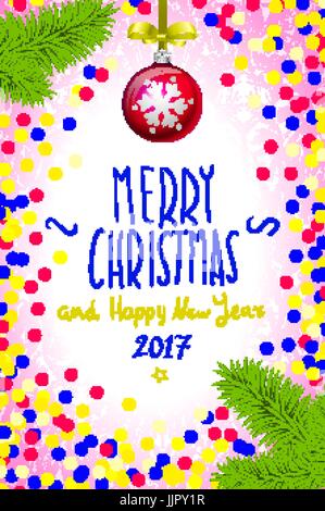 Farbe handschriftliche kalligraphische Inschrift Frohe Weihnachten in farbenfrohe Konfetti eingeschrieben. Gestaltungselement für Karte, Einladung, Aufkleber, Banner, postca Stock Vektor