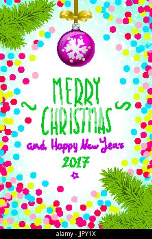 Farbe handschriftliche kalligraphische Inschrift Frohe Weihnachten in farbenfrohe Konfetti eingeschrieben. Gestaltungselement für Karte, Einladung, Aufkleber, Banner, postca Stock Vektor