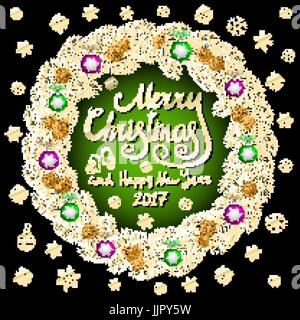 Frohe Weihnachten und Happy New Year 2017 Vintage schwarze Hintergrund grün mit Typografie-Karte mit gold Adventskranz. Vektor-Illustration. Kunst Stock Vektor