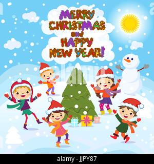 Frohe Weihnachten und glückliches neues Jahr. 2017 Winterspaß. Fröhliche Kinder spielen im Schnee. Lager-Vektor-Illustration von einer Gruppe von glücklichen Kindern in rot Stock Vektor